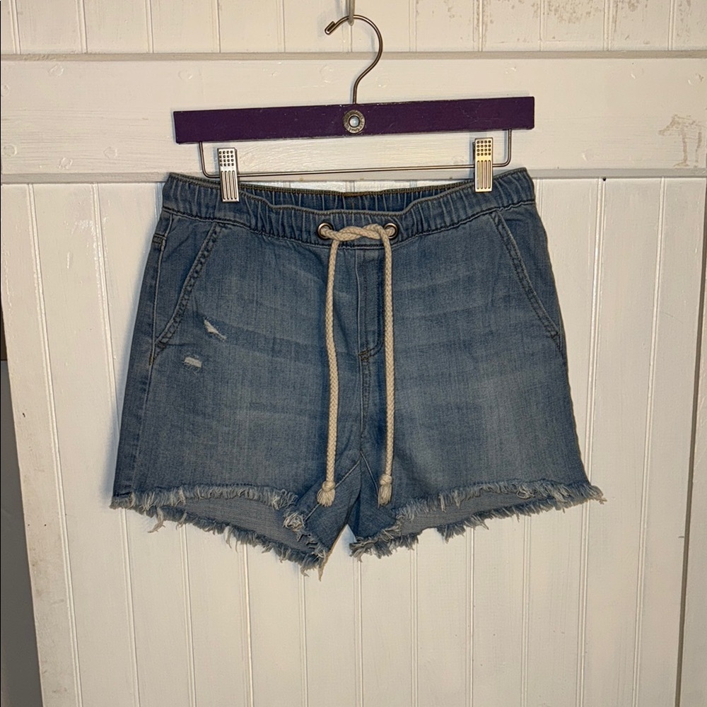 Aerie Blue Jean Shorts with Distressed Hem and Drawstring